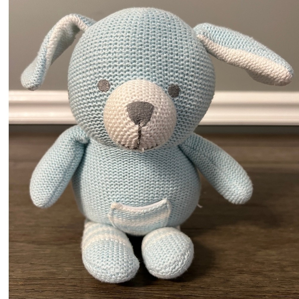 Light Blue Knit Puppy Dog Plush Striped Legs Nursery Stuffed Animal Toy